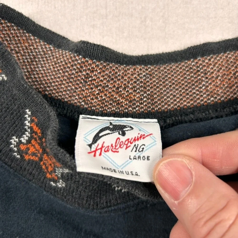 Vintage Harlequin Shirt Womens L Butterfly Knit Collar Long Sleeve Black USA 90s